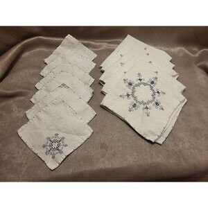 Vintage Hand Embroidered & Crocheted White With Blue 5 Napkins & 6 Coasters